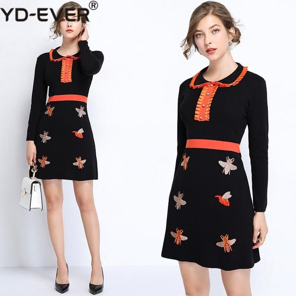 

autumn winter vintage knitting dress women peter pan collar long sleeve bees embroidery high waist short sweater dress, Black;gray