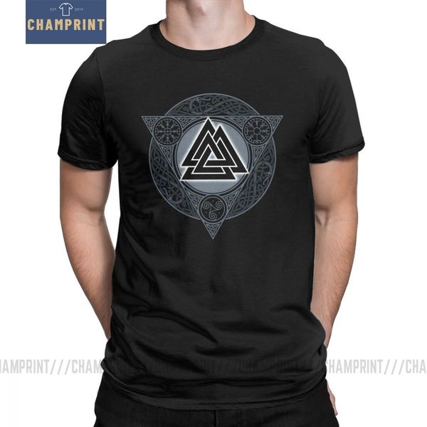 

man's valknut ice flame vikings valhalla odin t-shirt vintage crew neck short sleeves pure cotton tees classic t shirts