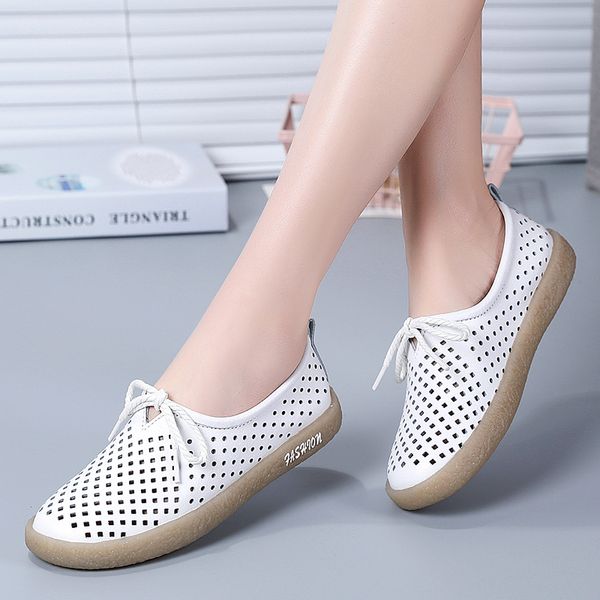 

summer leather women flats hollow lace up leather loafers ladies shoes korean style soft moccasins women casual shoes, Black