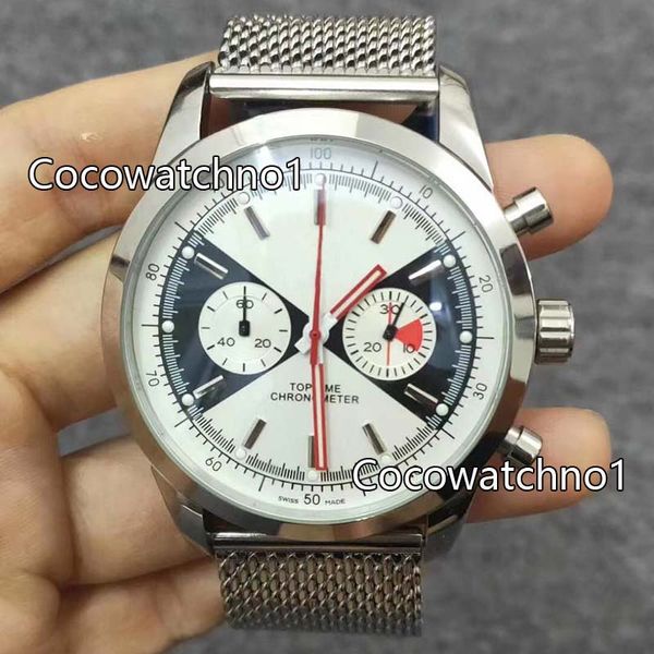 

new time vk quartz chronograph mens watch white black dial black leather strap steel case gents sport watches 3 colors, Slivery;brown