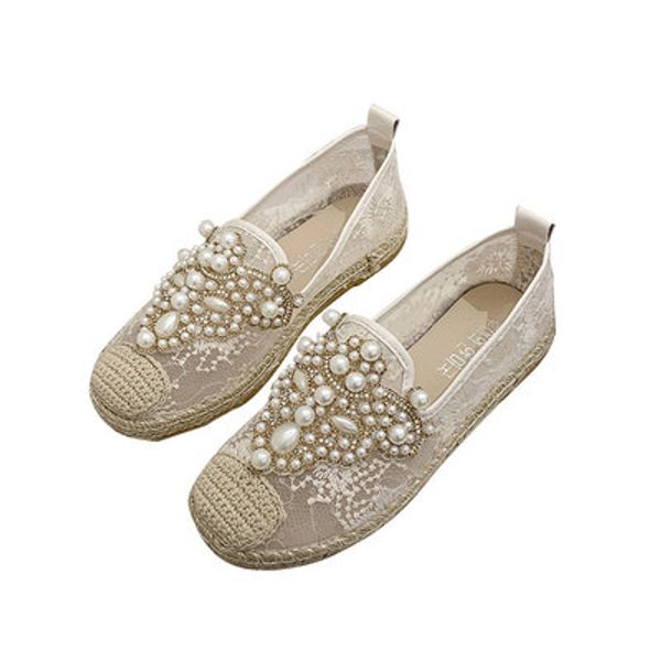 

2020 spring, summer and autumn new wild straw linen breathable lace pearl large size flat shoes, Black