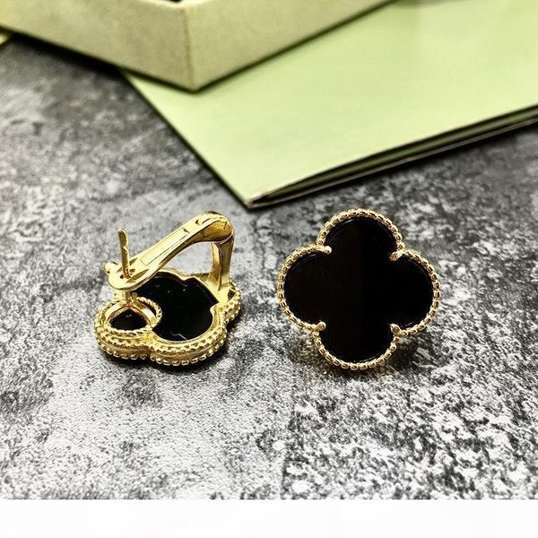 

brass material paris design earring clip with nature shell and agate ston in 2.0cm flower shape for women earring jewelry gift brand nam, Golden;silver