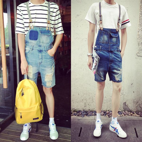 

2020 new men's clothing male summer denim bib pants fashion one piece spaghetti strap shorts slim jeans singer costumes, Blue