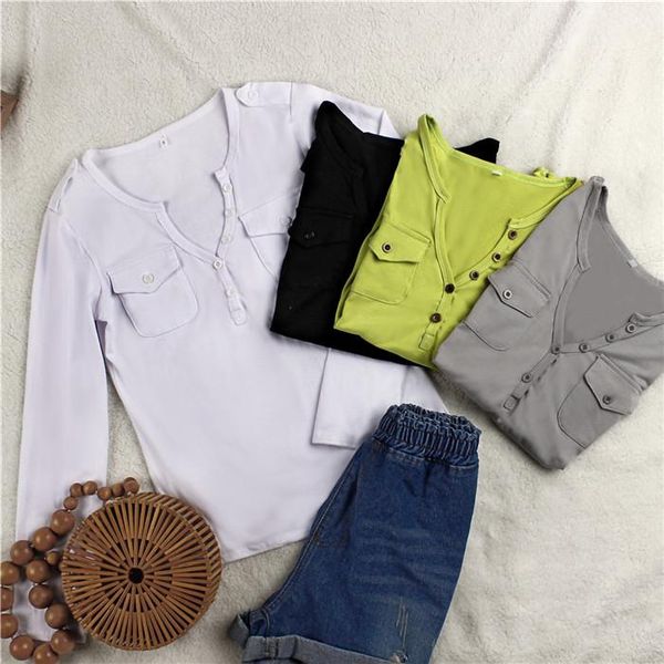 

tshirts autumn v-neck long sleeve pocket solid color tees women high fashion womens slim button, White