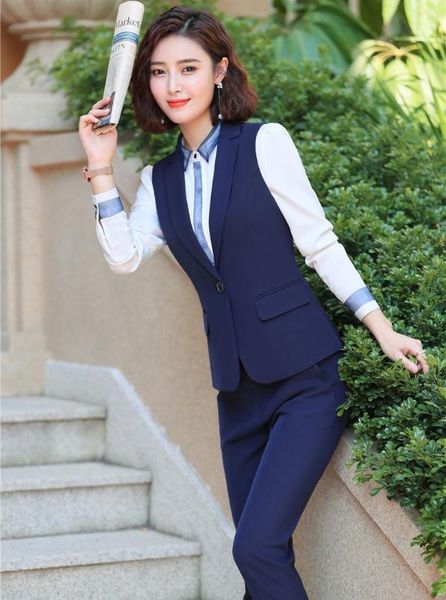 

formal uniform styles women pantsuits with pants and vest coat & waistcoat women business work wear pants suits trousers sets, White