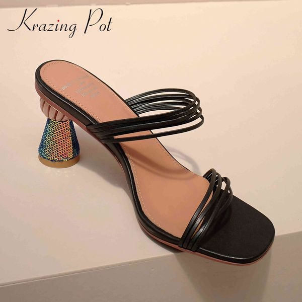 

krazing pot cow leather narrow band high fashion modern high strange heel slip on shoes women slingback beauty lady sandals l56, Black