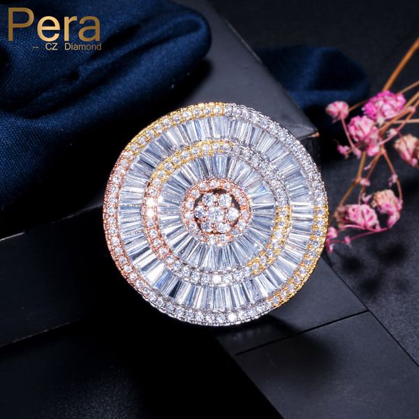 

pera full sparkling cubic zirconia micro pave big 3 tones round rose gold luxury women wedding party rings for ladies r100, Golden;silver