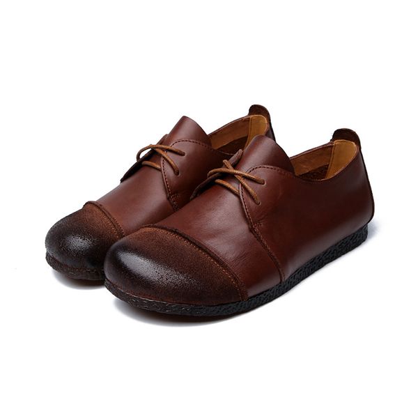 

2020 2020 women shoes flats round toe lace up genuine leather lady footwear handmade retro female flat shoes loafers, Black