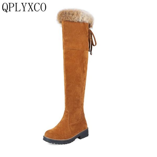 

qplyxco new fashion big size 34-44 russia women winter warm snow long boots ladies sweet botas round toe shoes 1772, Black