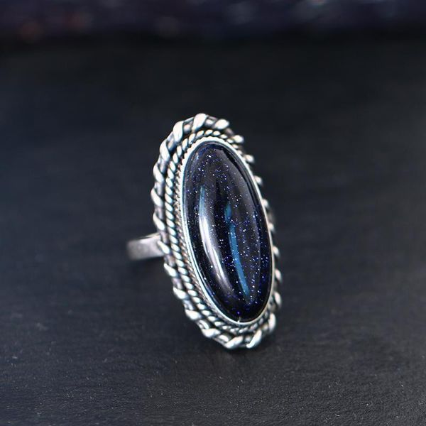 

925 sterling silver jewelry vintage blue sand hollow elegant ring gemstone rings party wedding party gift 11*25 women's ring, Golden;silver