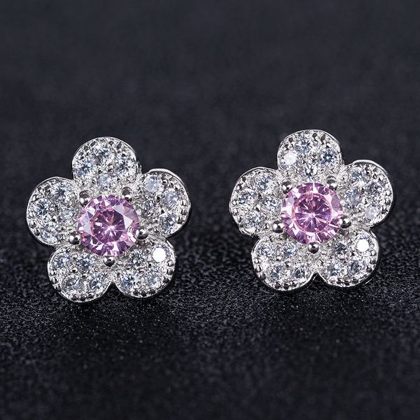 

junerain brand romantic plant earrings for girl simple tiny cute flower shaped with light purple pink white cubic zircon stud earrings, Golden;silver