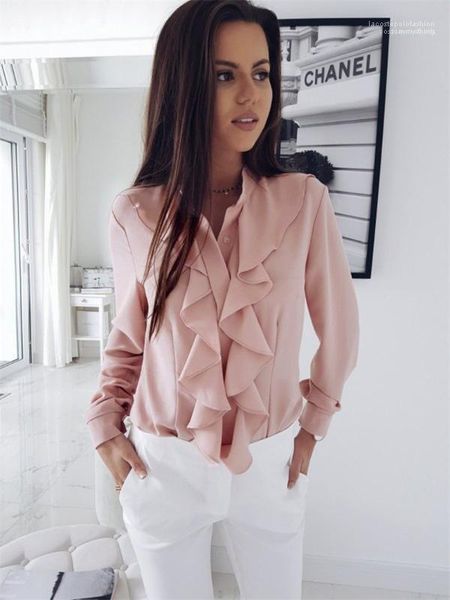 

designer long sleeve casual shirts solid business shirts ruffled crew neck womens shirts, White