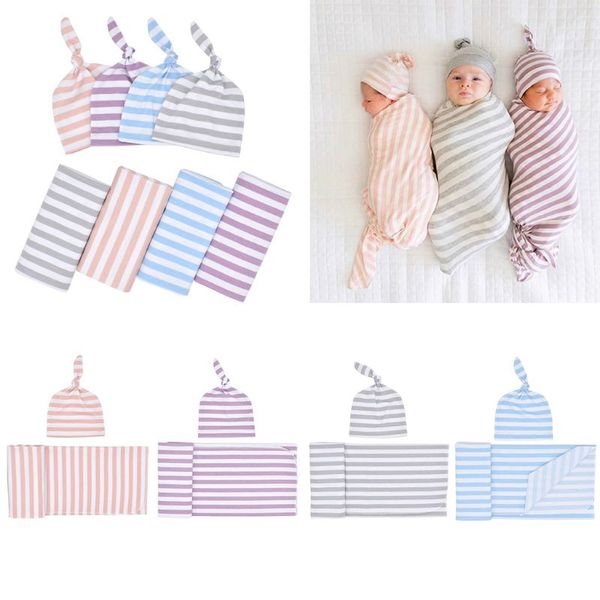 

newborn rayon cotton swaddle with baby hat set stripes printed receiving blanket wrap knot stretch cap pgraphy prop