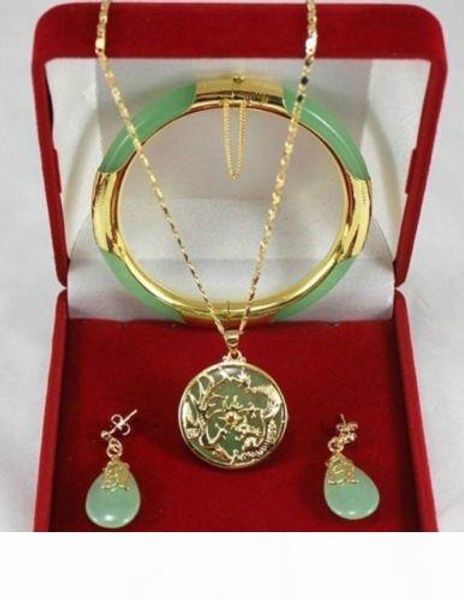 

charming green jade dragon phoenix pendants necklace earring bracelet set, Black