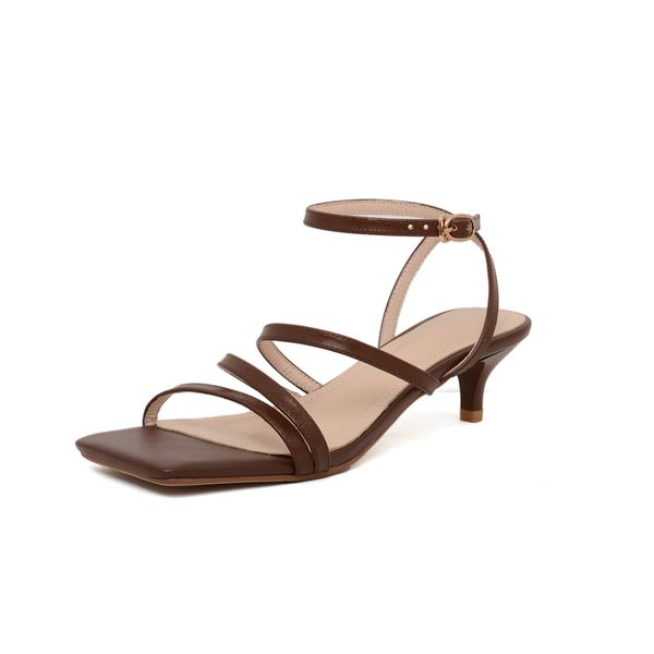 

mkkhou kitten heel sandals women 2020 summer new leather square head with one word buckle fashion 4 cm stiletto women size 33-40, Black