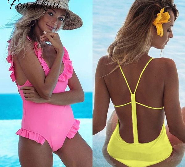 

2019 shoulder ruffle one piece swimsuit women swimwear female halter bathing suits beach wear backless monokini swim suits y19052002, White;black