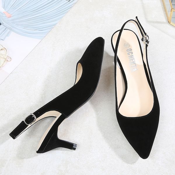 

dress shoes 36-45 suede baotou sandals ladies slingbacks heel kitten women summer 2021 female woman pump slip on, Black