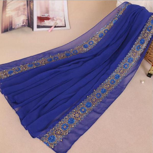 

women chiffon head scarf gold embroidery casual party shawls and wraps blue large size long beach hijab muslim scarves 180*85cm, Blue;gray
