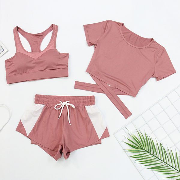 

3pcs yoga set sports bra+short sleeve yoga shirts+yoga shorts for women gym clothing fitness running riding tracksuit sportswear, White;red