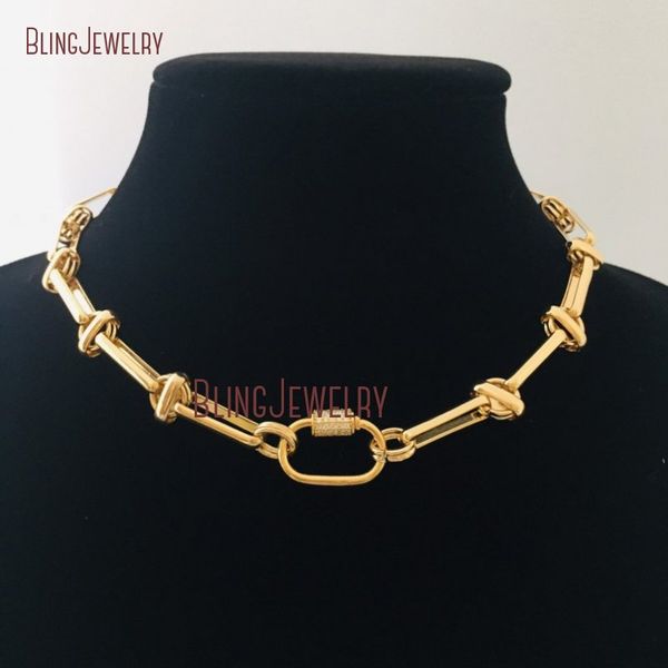 

nm33906 carabiner chain necklace shiny gold brass cable chain rectangular-round links shiny gold oval cz screw clasp necklace, Silver