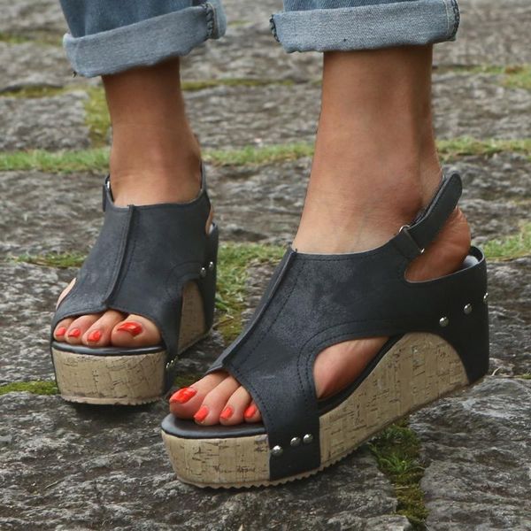 

лето женщины клин open toe дышащий пляж сандалии casual сплошной цвет рыбы рот клинья крупногабаритные сандалии # 35, Black