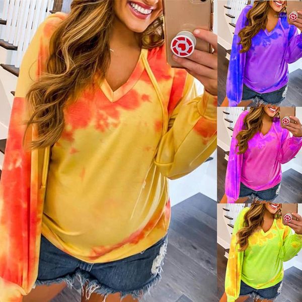 

pullover fashion women tie dye hoodies casual drawstring v neck long sleeve loose hooded sweatshirt winter autumn streetwear women, Black