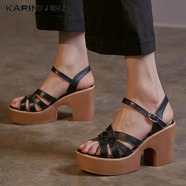 

sandals karin square high heels wholesale platform genuine leather summer shoes cow skin women, Black