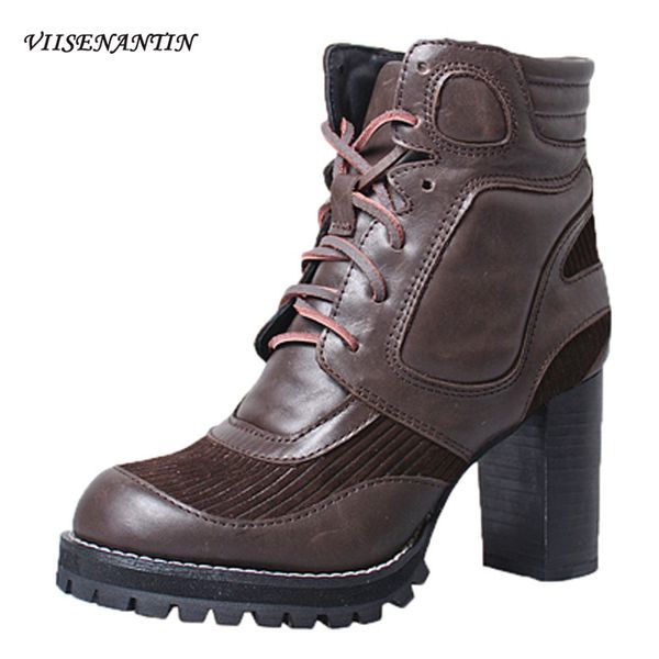 

american style thick-soled waterproof platform thick high-heeled round toe strap leather casual all-match retro short boots, Black