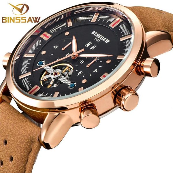 

binssaw new men tourbillon automatic mechanical watch big small leather sports watches relogio masculino, Slivery;brown