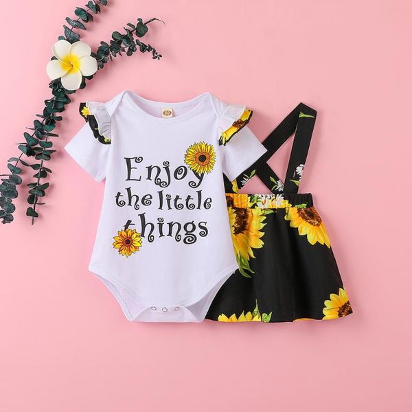 

fashion newborn clothes set summer letter romper+sunflowers suspender skirt set infant baby girls casual romper jy6, White