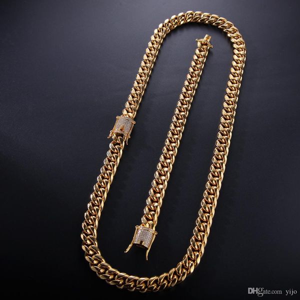 

12mm 14mm mens cuban miami link bracelet & chain set rhinestone clasp stainless steel gold hip hop necklace chain jewelry set1, Silver