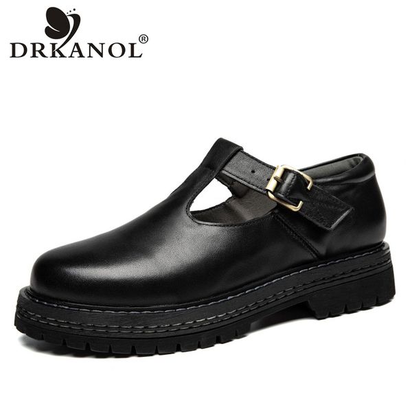 

drkanol 2020 spring autumn women flat platform shoes 100% genuine leather round toe vintage handmade casual women flat shoes, Black