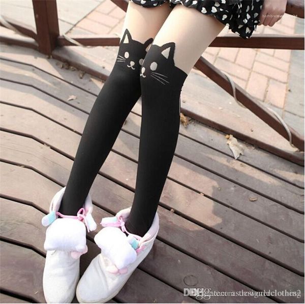 

ladies tights fashion female clothing cartoon cat womens socks skinny over knee animal print, Black;white