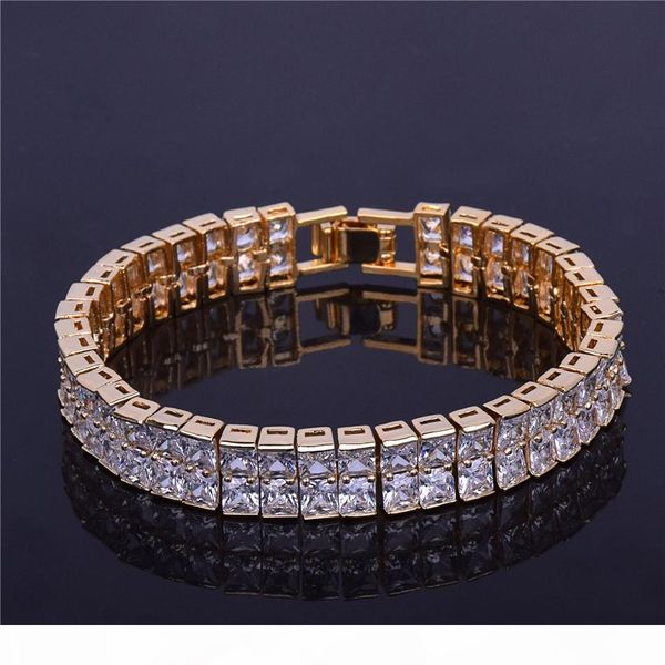

fashion 2 row cz stone men's square tennis bracelet hip hop jewelry 10mm cubic zircon copper material gold silver for gift, Golden;silver