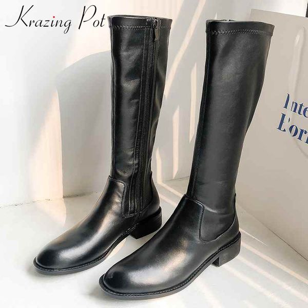 

krazing pot cow leather fashion concise style stretch boots round toe med heels black colors winter zipper thigh high boots l40
