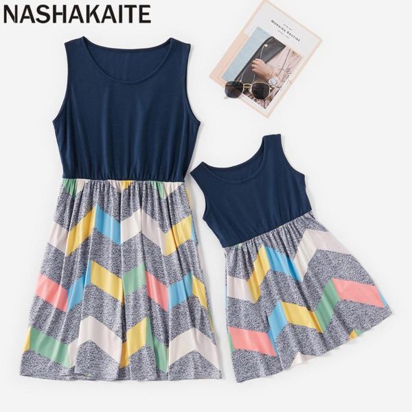 

nashakaite mommy and me dress colorful striped matching stitching tank dresses 2020 summer mother daughter dresses family look, Blue