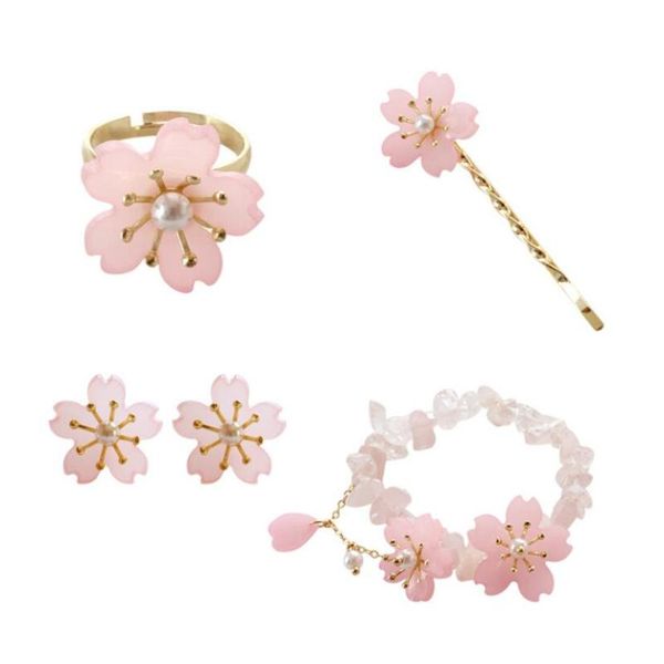 

pink cherry blossoms jewelry pearl acrylic flower hair pins rings earrings pink crystal stone bead bracelets girl sweet gift, Golden;silver