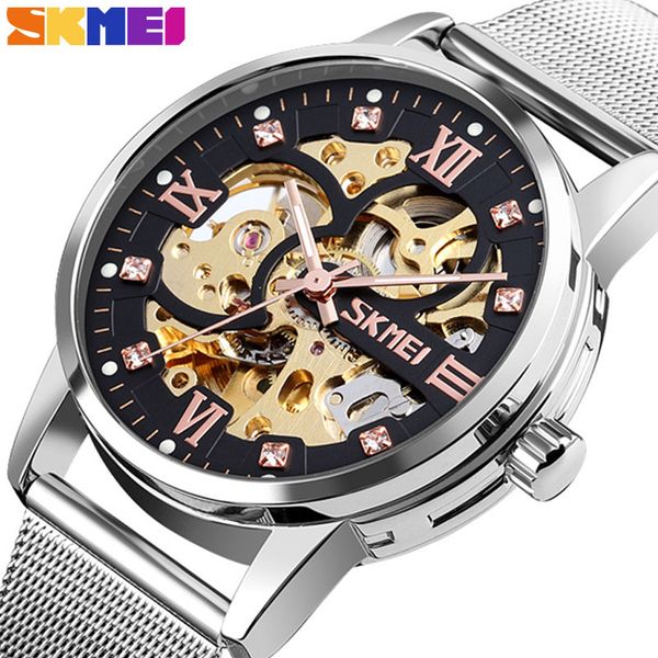 

skmei 2020 stainless steel 30m waterproof mens skeleton watch transparent mechanical sport male wrist watches, Slivery;brown