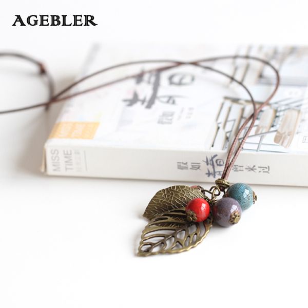 

2020 maxi necklace colorful ceramic beaded and leaf pendant long rope chain necklace statement porcelain sweater chain jewelry, Silver