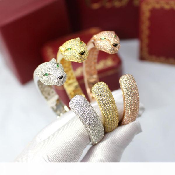 

18k gold plated brand jewelry leopard bracelets bangles for women new fashion open bracelets full diamond cz animal bangle silver plated, Black