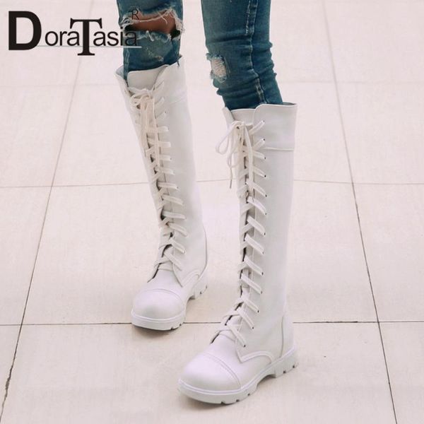 

doratasia new ladies mature comfy low heel boots casual dress platform boots women elegant lace-up knee high shoes woman, Black