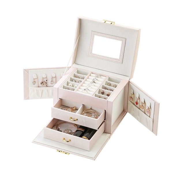 

3 layers simple leather storage jewelry box creative portable silk storage box earrings ring jewelry box mx200810, Black;white