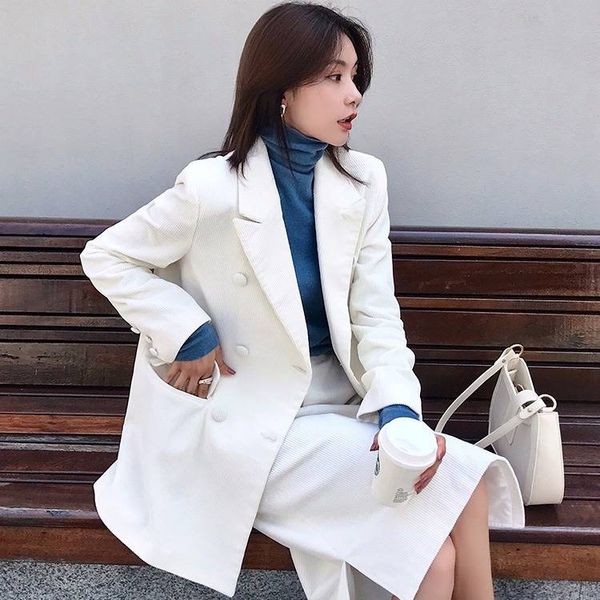 

luck a women solid corduroy blazer suit female autumn lady casual two-piece set female double breasted blazer jackets, White;black