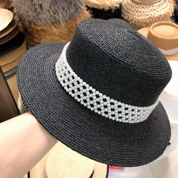 

new flat pearl summer raffia straw hat women beach hat fashion sun lady sun block uv protection panama chapeu feminino, Blue;gray