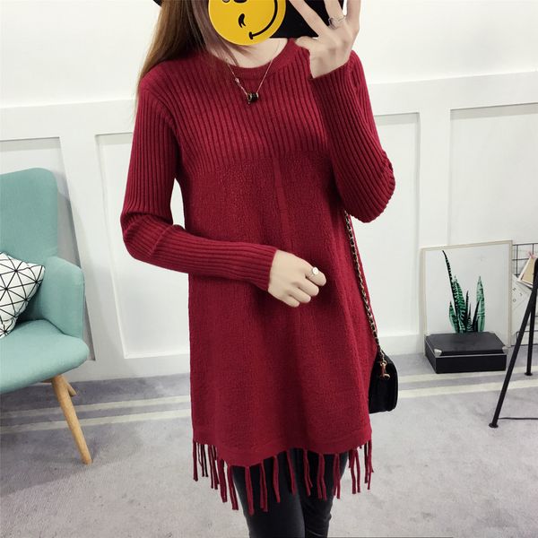 

2019 new winter sweater dress tassel in the long sleeve sweater coat color, White