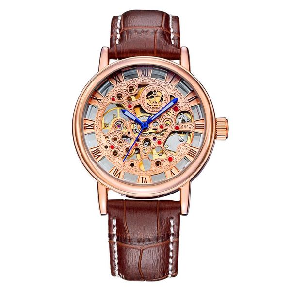 

orkina new rose gold men's skeleton wristwatch leather antique steampunk casual skeleton mechanical watches male, Slivery;brown