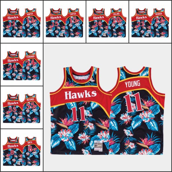 

atlanta hawks men dikembe mutombo de'andre hunter trae young john collins nba floral fashion custom hardwood classics j, Black