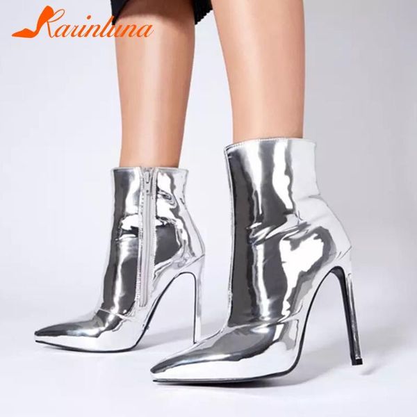

karin new high thin heels 12 cm gold female boots patent fashion pointed toe zipper short plush autumn women shoes, Black