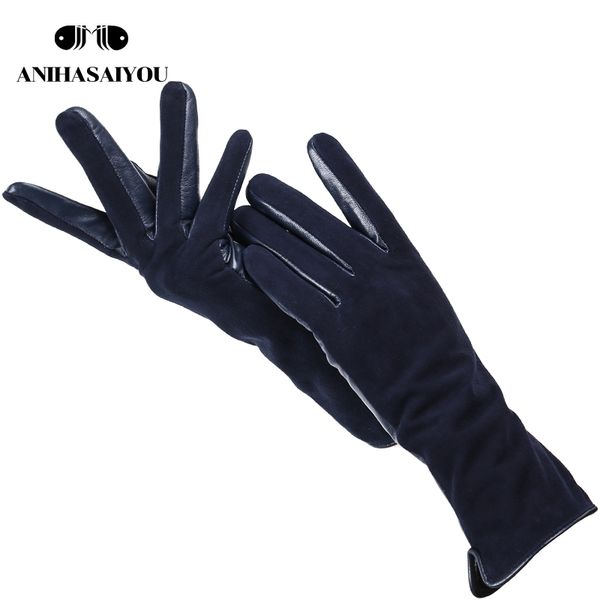 

fashion winter warm touch gloves genuine leather 50% women' leather gloves genuine suede 50% long women' 28 cm -2008, Blue;gray
