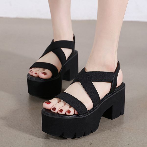 

block heels muffins shoe high heeled sandals woman 2020 sale of women's shoes espadrilles platform open toe ankle strap suit, Black